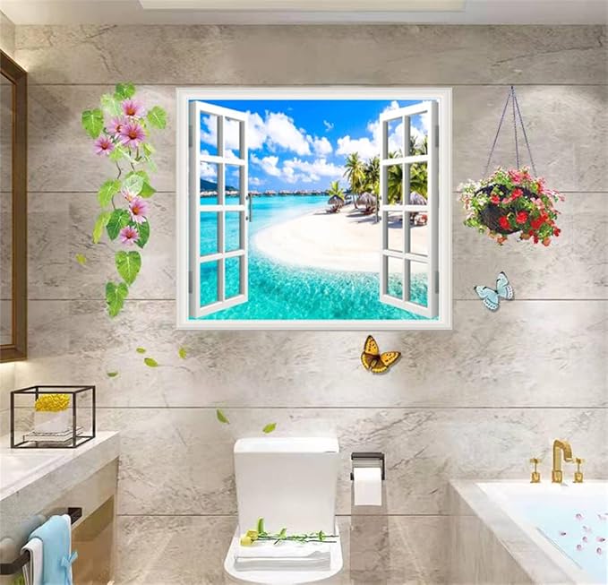 Self-Adhesive Wall Sticker Romantic Living Room Bedroom Study Office Decorative Wall Sticker Ocean Scenery Fake Window Sticker Mural (Crescent Beach, 23.6"×35.4") - Image 4