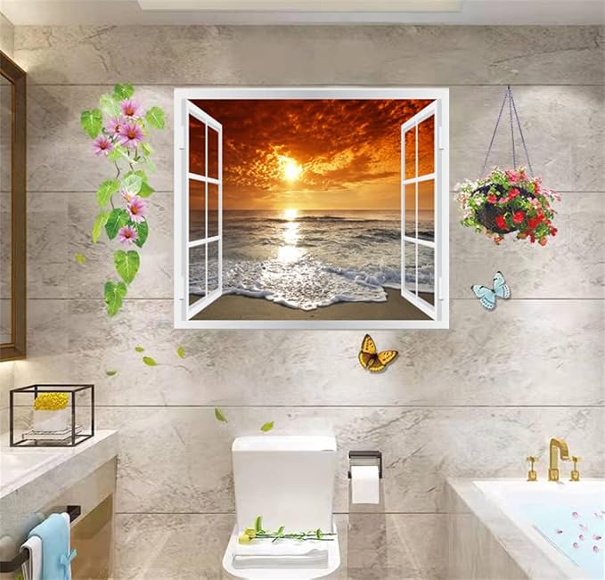 Self-Adhesive Wall Sticker Romantic Living Room Bedroom Study Office Decorative Wall Sticker Ocean Scenery Fake Window Sticker Mural (Sunset Beach, 23.6"×35.4") - Image 5