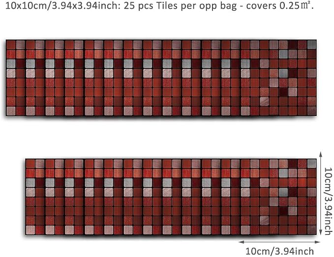 Alwayspon 25 Pcs Brushed Silver Self-Adhesive Peel and Stick Tile Decal, Water-Proof Backsplash Wall Tile Sticker for Kitchen Bathroom Decor, Red Metallic Mosaic, 4x4inch - Image 5