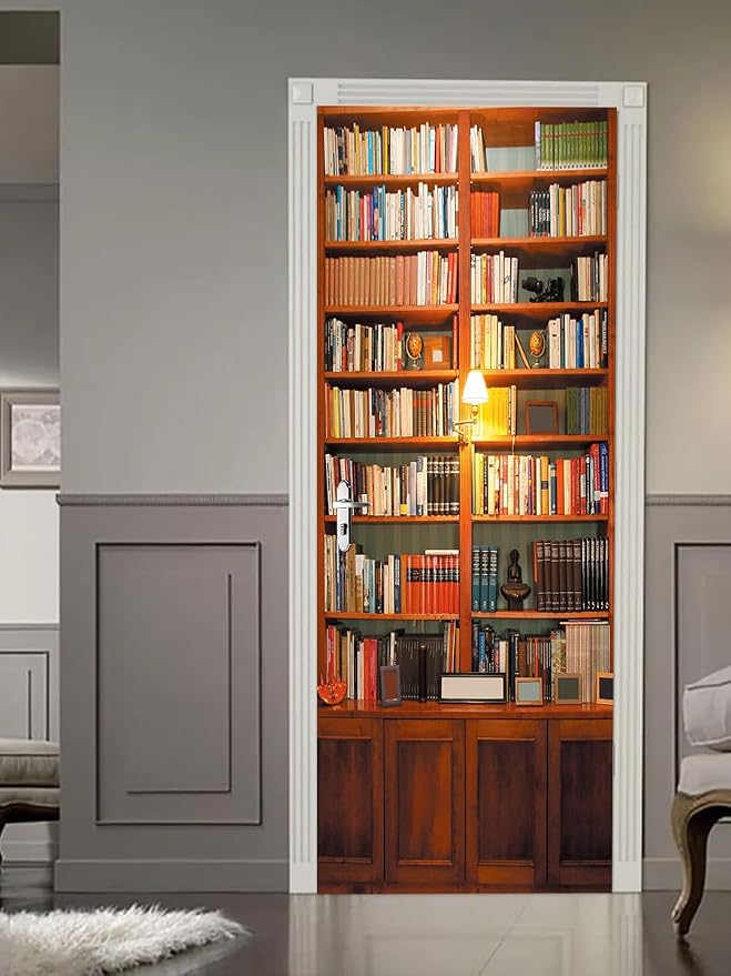 artfanke 3D Retro Bookcase Door Sticker Peel and Stick 33.5"x84.6"- Self-Adhesive Bookshelf Door Murals Wallpaper - PVC Wall Decal for Bedroom Decor(2 Sheets/Set) - Image 2