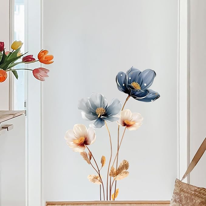 Gold Leaf Blue Flower Wall Decal PVC Wall Sticker Vintage Watercolor Floral Wall Art for Living Room Bedroom Home Decor - Image 2