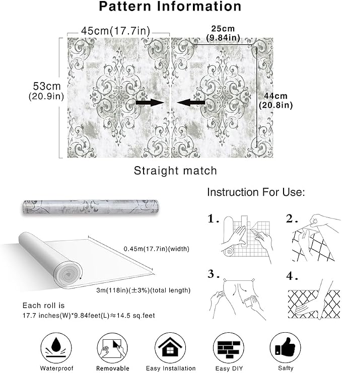 HAOKHOME White Gray Damask Peel and Stick Wallpaper Vintage Victorian | Textured Removable Wall Paper Victorian Farmhouse French Country Waterproof Neutral Brown Bathroom Bedroom 17.3in x 9.8ft - Image 7