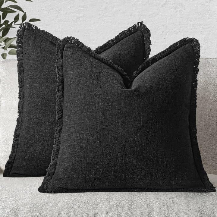 MIULEE Boho Linen Fringe Decorative Throw Pillow Covers Black 16x16 by MIULEE