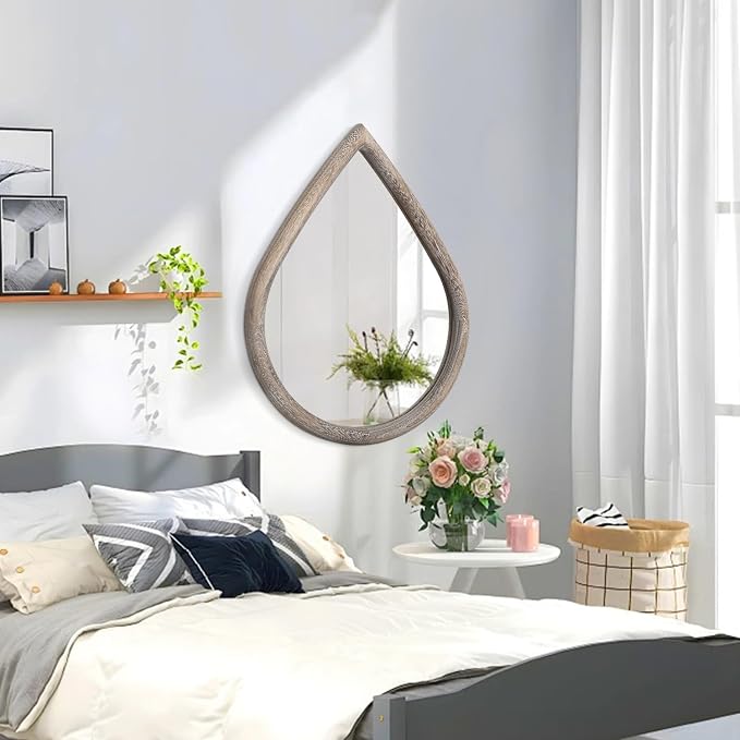 Rustic Farmhouse Wall Mounted Mirror Solid Wood Frame Teardrop Mirrors Wall Decorative Mirror for Bathroom Entryway Living Room Home Decor - Image 4