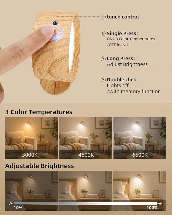 Rechargeable Wall Sconces with Remote, Magnetic Wall Lights, Wood 2 Pack | 3 Color Temperatures, Remote and Touch Control, 360° Rotating and Dimmable for Living Room & Bedroom - Image 8