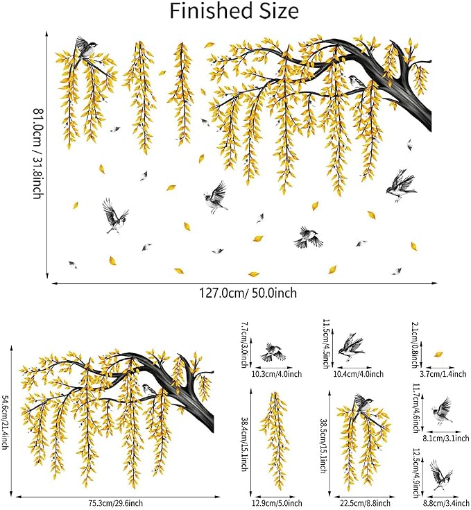 Fall Large Tree Branch Wall Decals Hanging Autumn Yellow Leaves Wall Stickers Peel and Stick Leaf Branch Bird Wall Decor for Living Room Bedroom Tv Background Decor - Image 7