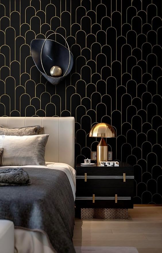 Yasinet Peel and Stick Wallpaper Black and Gold Wallpaper Modern Geometric Contact Paper for Bedroom Black Removable Self Adhesive Waterproof Wall Paper for Bathroom cabinets Vinyl 17.3”x393.7” - Image 3