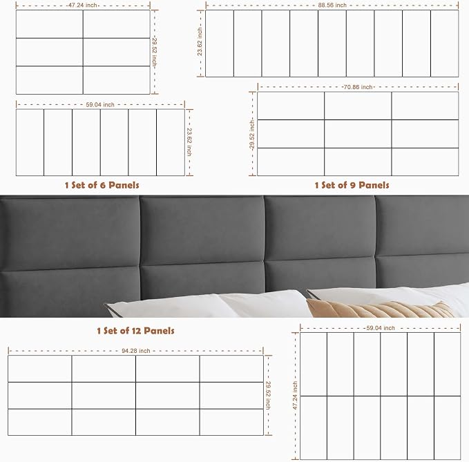 IFNOW Wall Mounted Headboard, Peel and Stick Panels, Dark Grey, Queen | Upholstered 3D Soundproof Acoustic Panels, Reusable and Removable, Padded Leather Bed Headboard, 9 Panels, 9.84" x 23.62" - Image 6