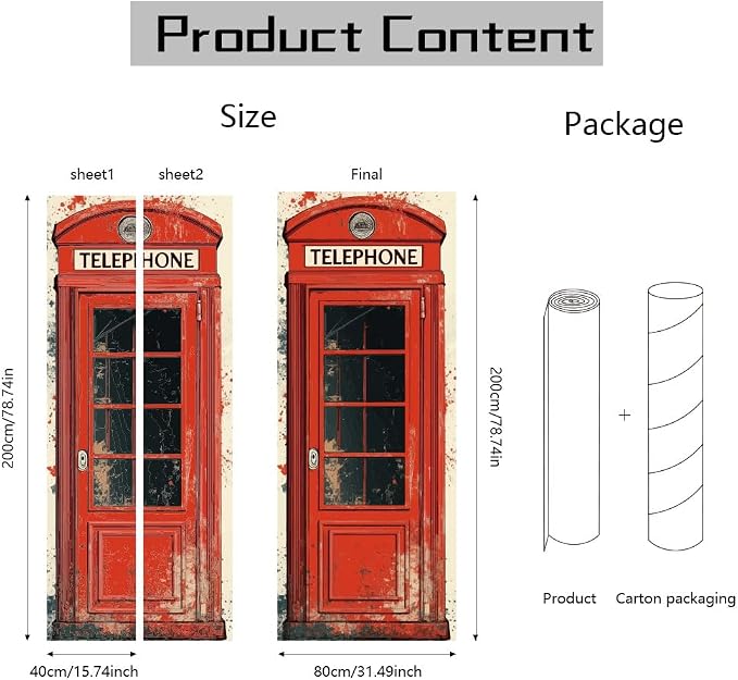 arricraft 2 Pcs Self-Adhesive Door Sticker, 31.5"x78.7" Red Vintage Phone Booths Door Murals Stickers PVC Door Removable Wallpaper Decoration for Bedrooms ​Living Room - Image 2