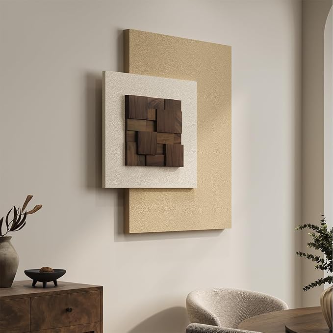 Large Wood Abstract Wall Art for Living Room, Modern 3D Artwork for Walls | Neutral beige tone, Textured paintings, Big woodern layered sculpture, Bedroom dining room office wall decor aesthetic - Image 3