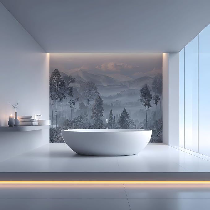 ASJ Forest Peel and Stick Wallpaper Mural, Misty Mountain Light Blue | Seamless edge-to-edge match. Dusty blue grey nature artwork, 157x98 in, premium fabric, living room bedroom. - Image 5