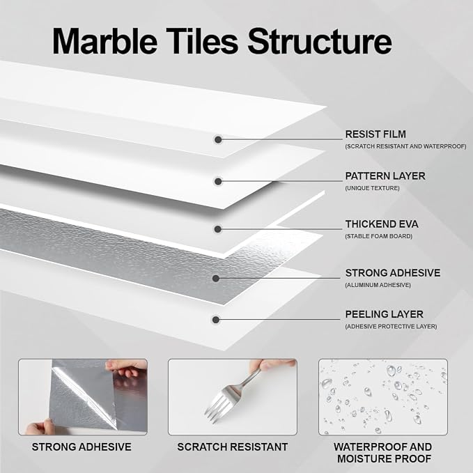 10 PCS Marble Peel and Stick Wall Panels 23.6"x11.8" Sticker | Self Adhesive, PVC, Waterproof Backsplash Tile for Bathroom, Kitchen, Living Room, Style1 - Image 5