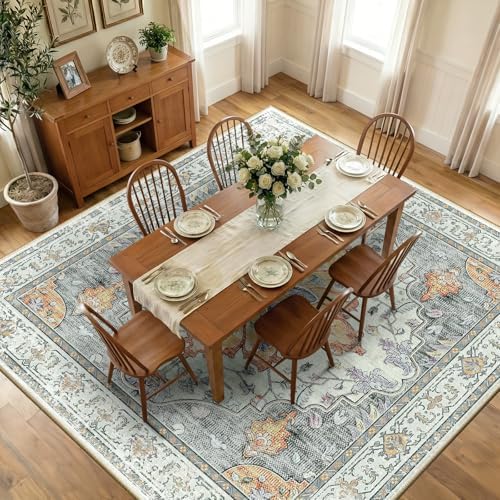 RELEANY Washable Area Rug, Square 10'x10', Beige/Carbon Grey/Orange by RELEANY