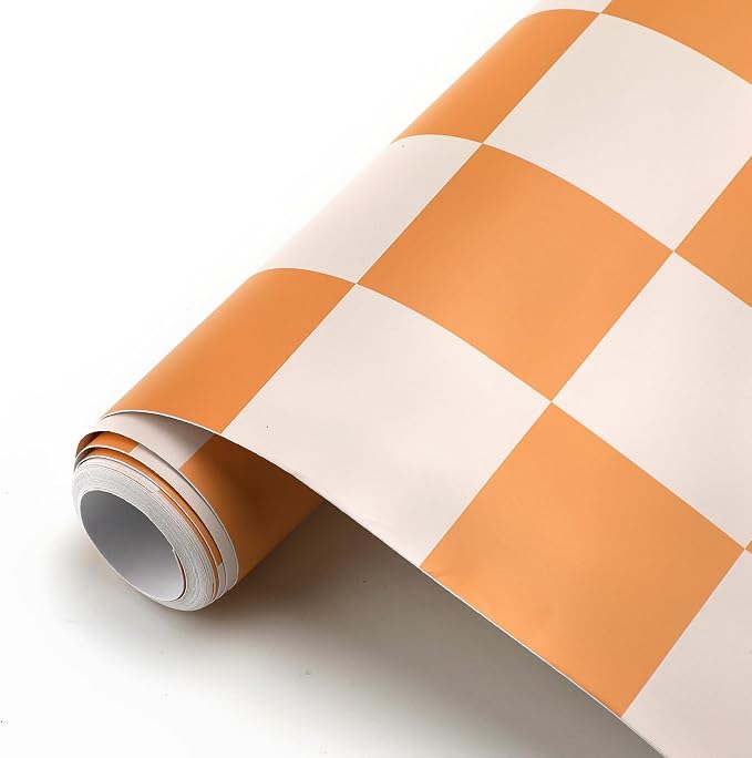Drydiet Orange Checkered Peel and Stick Wallpaper 15.75'' x 118" | Plaid Funky Checkered Contact Paper, Waterproof Contact Wallpaper, Vintage Gingham Decor for Room Bathroom Cabinet, Trendy - Image 2
