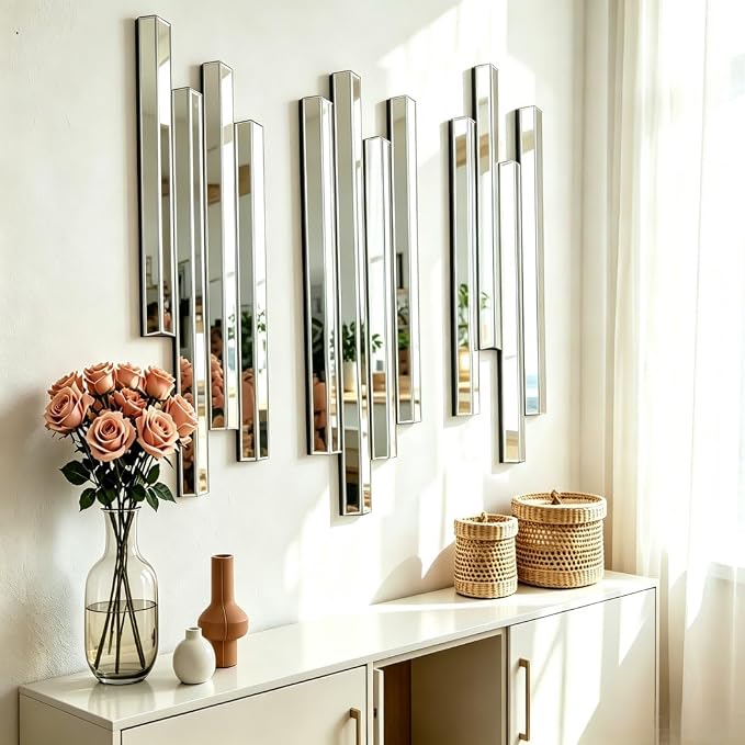 Modern 3 Pack 28x8 Staggered 3D Silver Mirror Wall Set Mirror Decor - Image 7