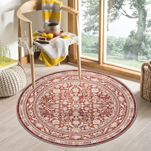 OPPODREAM Vintage RED Area Rugs 3' Round, Washable Rug for Living Room by OPPODREAM