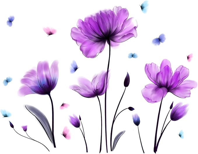 Flowers Wall Sticker Purple Floral Wall Decal Removable Butterfly Wall Stickers Self Adhesive Decal Mural for Nursery Bedroom Kids Room - Image 6