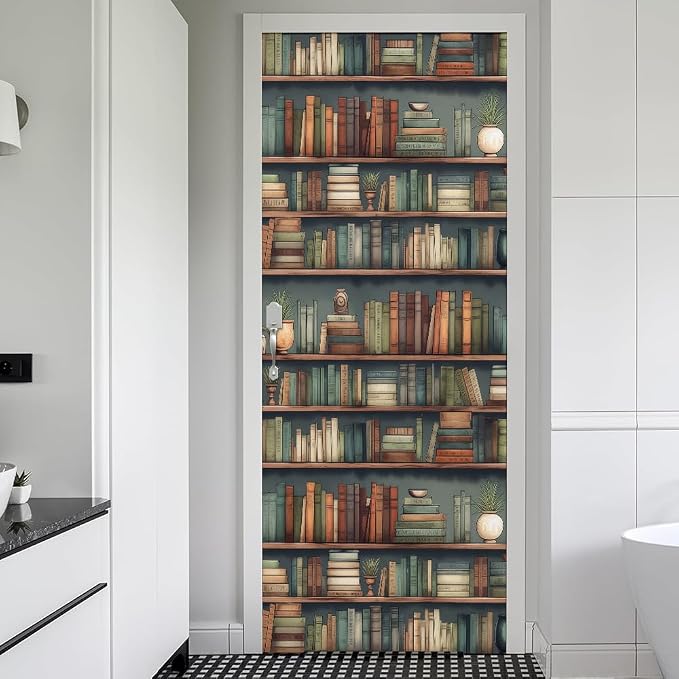 REDAMANCY Vintage Book Shelf Green Plants Peel and Stick Door Stickers Vinyl 3D Door Mural Decals Decor Modern Door Wallpaper Self-Adhesive, Waterproof, Removable by Unknown