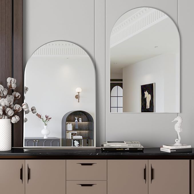 Wall Mounted Mirror, Arched Wall Mirror for Bathroom, 2 Pieces 24"x36" Arch Bathroom Mirror with Metal Frame, Silver Vanity Mirror Decor for Mantle, Bedroom, Entryway, Living Room - Image 3