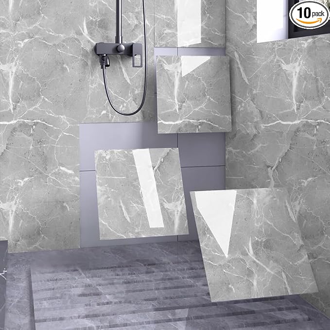 Chejiaye Shower Wall Panels Peel and Stick,Marble Wall Panels for Interior Decor,Backsplash Tile for Kitchen Showers Bathrooms Living Rooms 11.8"x11.8"in 10Pcs, Grey (Not Real Tile,9.7 Sq.ft) by Chejiaye