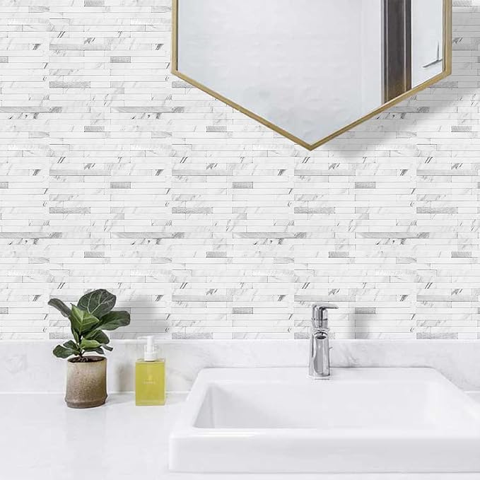 AULIGET 20 Sheets Faux Stone Peel and Stick Backsplash, White Marble Look PVC Wall Tiles Stick on Backsplash for Kitchen - Image 5
