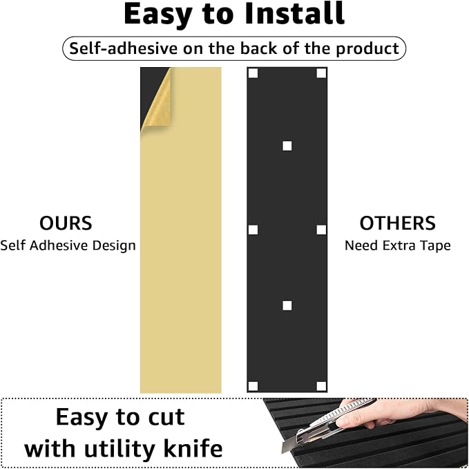 Art3dwallpanels Acoustic Panels, 48" X 12" X 0.35", Black, 10 Pack | Soundproof Wall Panels, Self Adhesive, High Density Sound Absorbing, Acoustic Treatment for Recording Studio, Office - Image 2