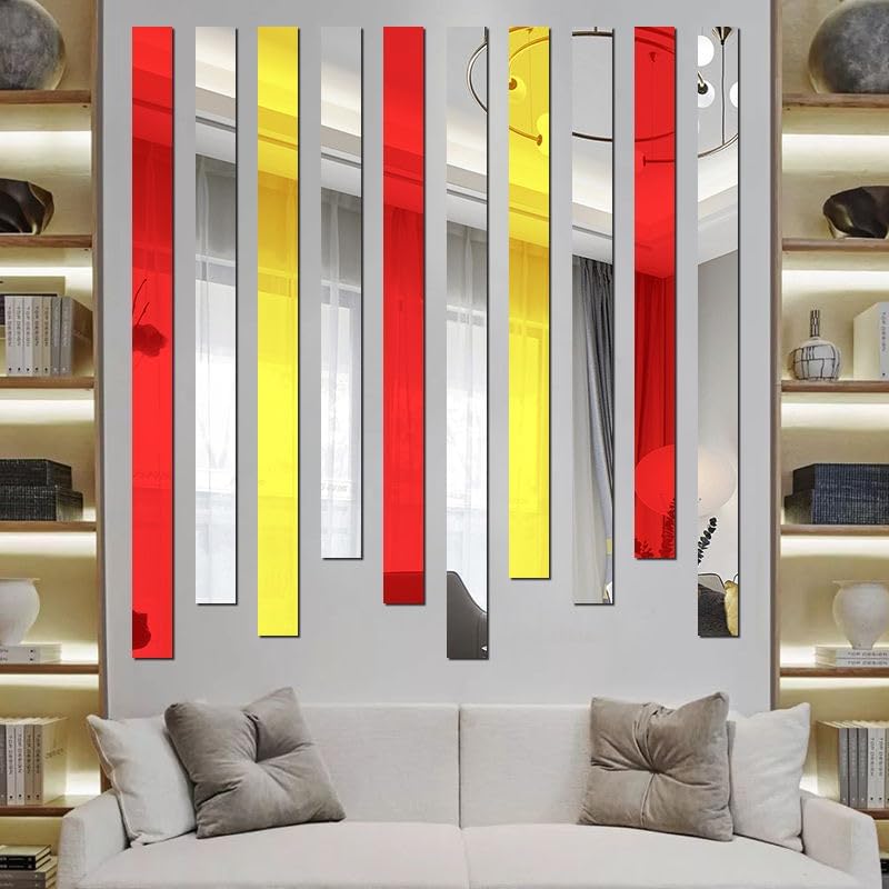 10Pcs Acrylic Mirror Wall Stickers Striped Design Mirror Art Tile Decal DIY Self Adhesive Wall Line Border Decals Removable Wall Stickers and Murals for Home Decor 5 * 20cm （Red） - Image 3