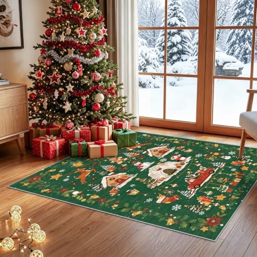 Christmas 3x4 Entryway Area Rugs: Winter Soft Rug for Living Room Bedroom Low Pile Thin Print Carpet for Dining Room Stain Resistant Floor Mat for Office Playroom Gifts for New Home Owners（3x4，Green by HYHAOYUNLAI