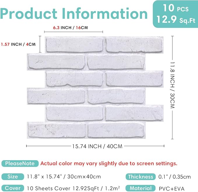Commomy 3D Faux Brick Wall Panels Peel and Stick - 10pcs 15.74" x 11.8" | Ultralight Thin PVC Fake Brick Wallpaper Tiles Wall Sticker for Kitchen,Bedroom,Quick DIY Home Decor(12.92 sq.ft) - Image 5