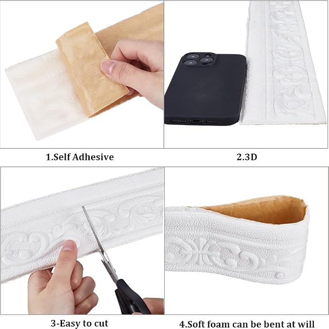 CRASPIRE 82x3 inch Molding Peel and Stick White 3D Flexible Foam Wall Trim Self Adhesive Wallpaper Border Sticky Decorative Edging Baseboard Lines for Mirror Border Wall Hotel DIY Decor - Image 6