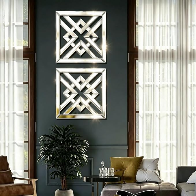 QMDECOR 12x12 Inch Geometric Wall Mirror with Beveled Edge - Modern Silver Decorative Mirror for Living Room, Entryway, Hallway & Bedroom - Durable Black MDF Backing with 3 Hanging Hooks - Image 4