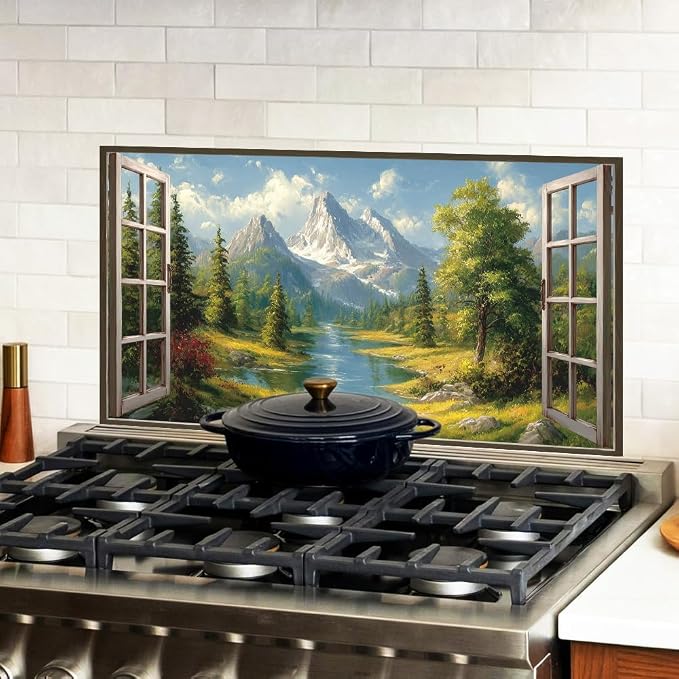 Alpine Mountain View Kitchen Backsplash Peel and Stick, 30x16 in | Oil-painting window view of snow peaks, alpine river and pine forest; flat 2D waterproof peel and stick; wipe clean; 30x16 in - Image 2