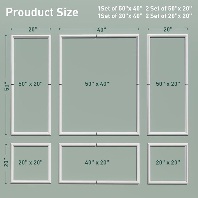 Wainscoting Molding Kit, 6 Frames, 50 x 40 and 50 x 20 Inch | Six mixed-size frames in 50 x 40 and 50 x 20 in create a layered wainscoting design for large interior walls. - Image 2