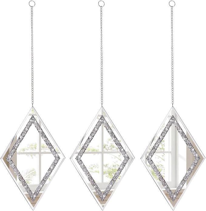 Pibeyer Silver Diamond Shaped Wall Mirror Set of 3, Decorative Crystal Crush Diamond Mirrors for Bedroom, Living Room & Hallway, Home Decor - Image 4