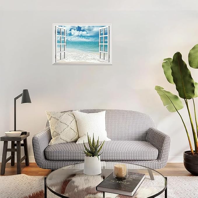 ‌Lmyhome Fake Window Wall Mural White Beach (16"x24") | Peel and Stick Faux Window Wall Sticker Decal Poster for Bedroom Home Decor - Image 4