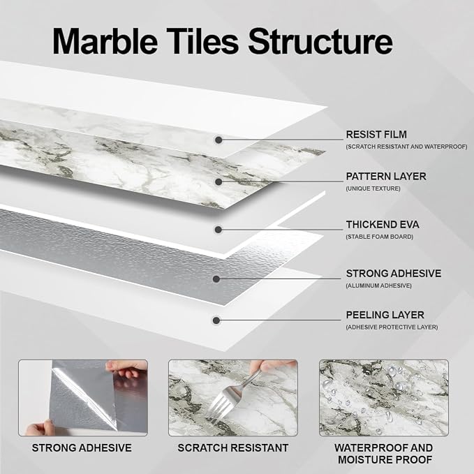 10 PCS Marble Peel and Stick Wall Panels 23.6"x11.8" Sticker | Self Adhesive, PVC, Waterproof Backsplash Tile for Bathroom, Kitchen, Living Room, Style9 - Image 5