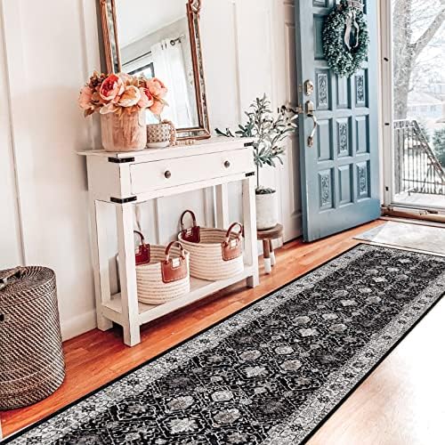 Hallway Washable Runner Rug - 2x7 Kitchen Rugs Entryway Rug Runner Vintage Soft Floor Mat Non Slip Indoor Farmhouse Carpet for Bathroom Living Room Bedroom (2 X 7, Black) - Image 6