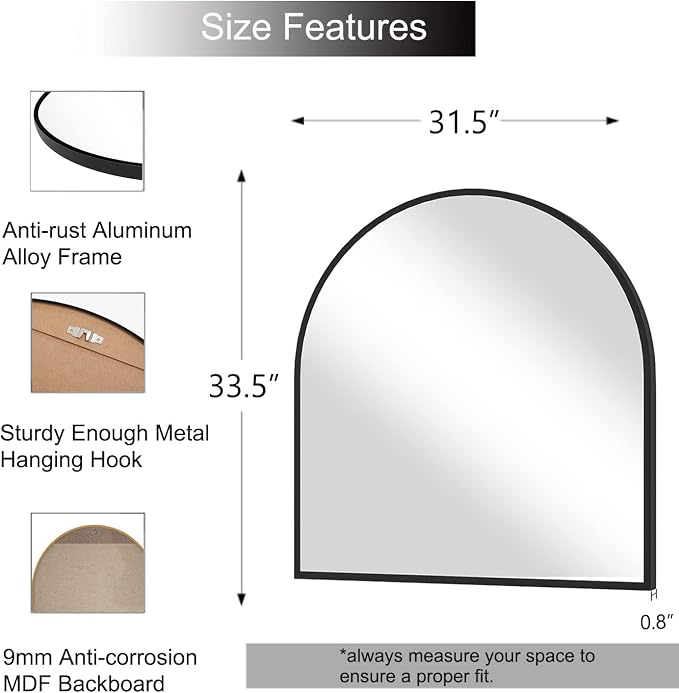 Wall Mounted Mirror, Arched Wall Mirror for Bathroom, 33.5"x29.5" Arch Bathroom Mirror with Metal Frame, Black Vanity Mirror Decor for Mantle, Bedroom, Entryway - Image 6
