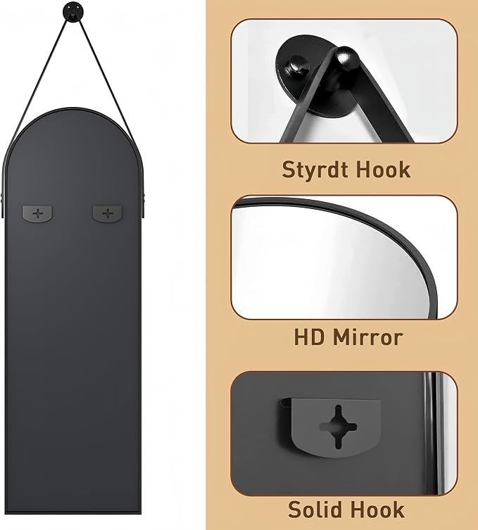 Dewfig 48"x16" Arched Full Length Mirror, Wall Mirror, Leather Strap, Black - Image 6