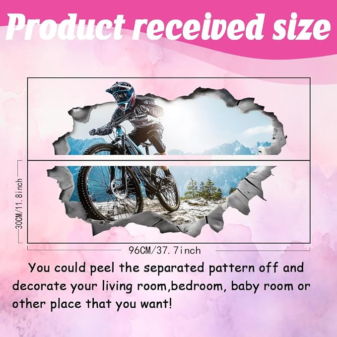 SUPERDANT 3D Bicycle Motocross Wall Decals Mountain Bike Wall Stickers Break Through The Walls Art Murals Peel and Stick Adhesive Sticker for Livingroom Bedroom Kids Room Outdoor Sport Lover - Image 2