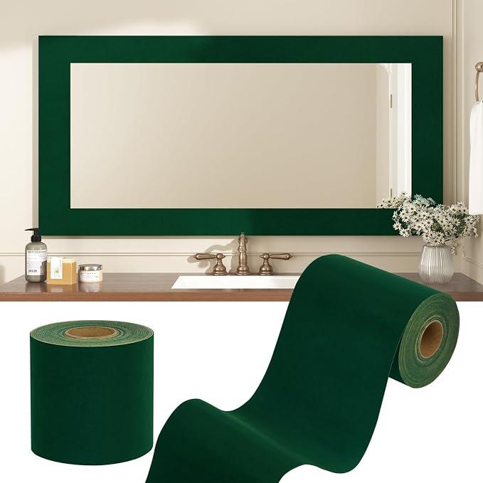 WESTICK Green Classroom Borders for Bulletin Board Self Adhesive Soft Velvet Mirror Frame Border Waterproof Peel and Stick Green Wallpaper Border for Bathroom Mirror Tape Sticker 3.9" x 394" by WESTICK
