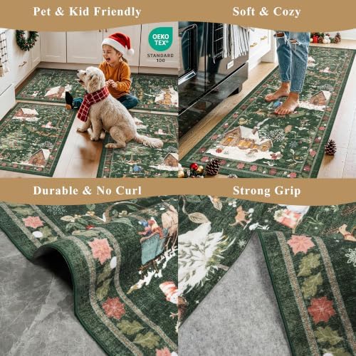 Holiday Christmas Rugs Kitchen Sets of 3, Green Washable Throw Kitchen Mat Low Pile Soft Non-Slip with Rubber Backing for Sink Floor Mat ＆ Hallway, Entryway - Image 5