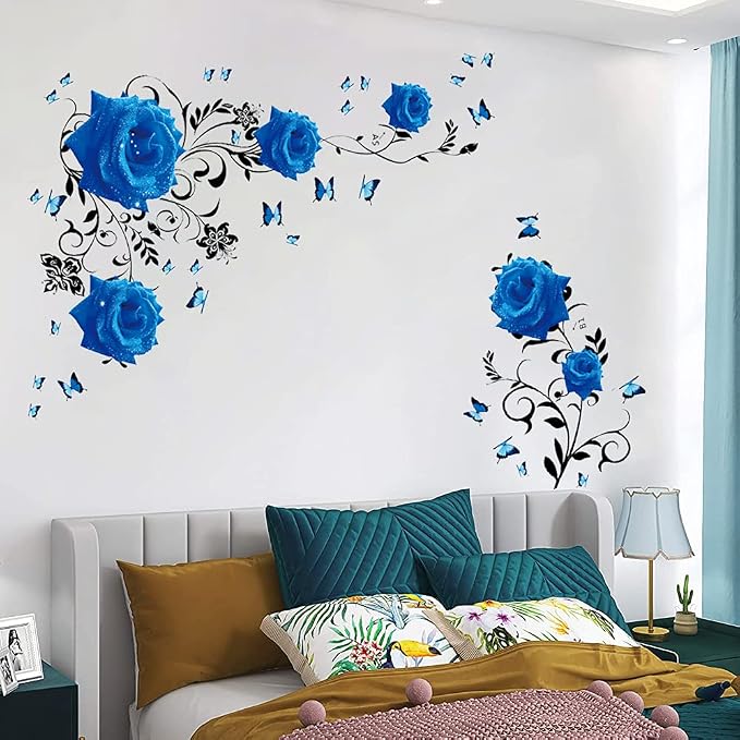 Supzone Blue Rose Wall Stickers Rose Flower Vine Wall Decal Purple Peony Floral Wall Decor DIY Vinyl Mural Art for Bedroom Living Room Sofa Backdrop - Image 3