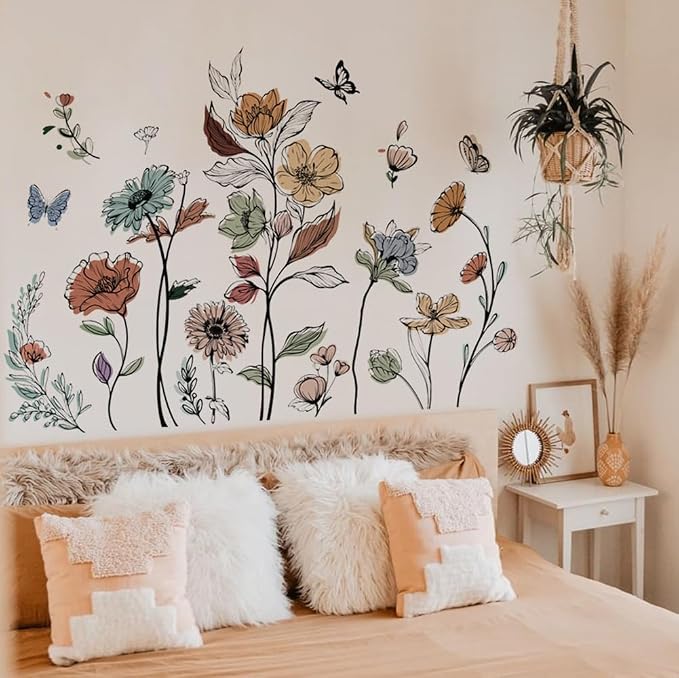 Runtoo Boho Flower Wall Decals Simple Wildflower Floral Wall Stickers for Girls Bedroom Nursery Home Decor - Image 2