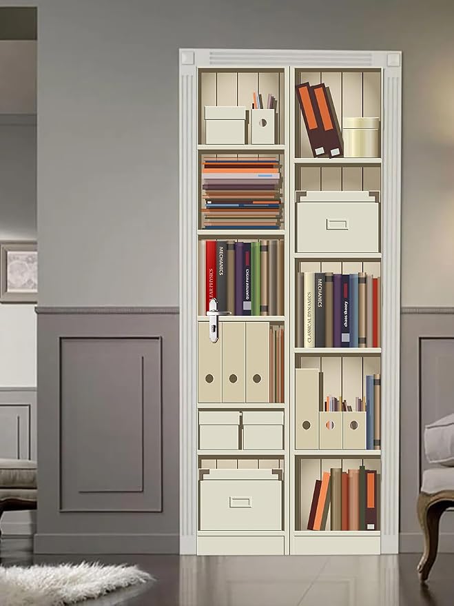 artfanke 3D Bookshelf Door Stickers Peel and Stick33.5 x84.6 - Self-Adhesive Door Murals Wallpaper - Waterproof Wall Decal for Living Room Bedroom Decor (2 Sheets/Set) - Image 2