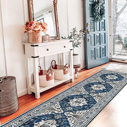 Hallway Washable Runner Rug - 2x10 Kitchen Rugs Entryway Rug Runner Vintage Soft Floor Mat Non Slip Indoor Farmhouse Carpet for Bathroom Living Room Bedroom (2 X 10, Blue) - Image 2