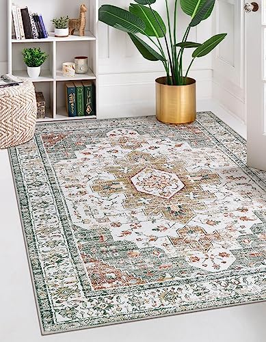 Moynesa Ultra-Thin Washable Area Rug - 5x7 Rugs for Living Room Washable Rugs for Bedroom Soft Office Mat, Printed Low Pile Accent Dining Room Carpet for Basement Nursery Playroom, Beige/Gold by Moynesa