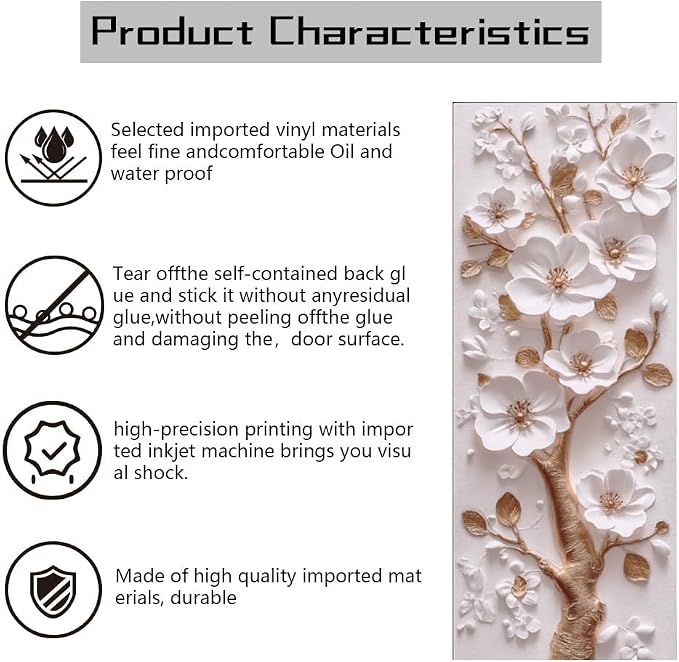 arricraft 2 Pcs Self-Adhesive Door Sticker, 31.5"x78.7" 3D Flower and Golden Branch Door Murals Stickers PVC Removable Wallpaper Decoration for Bedrooms ​Living Room - Image 3