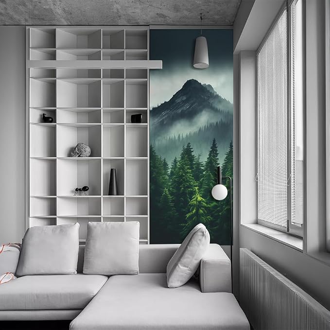 REDAMANCY Smoky Green Pine Tree Mountain Landscape Peel and Stick Door Stickers, Vinyl, Waterproof, Removable, Modern Style, 30.3"x78.7", 2 Pack - Image 6