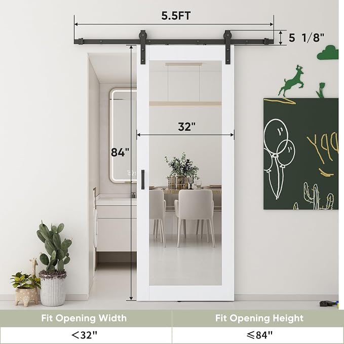 JUBEST 32x84 in Mirror Barn Door and 5.5FT Sliding Door Hardware Kit Included, White Full Length Mirror, Solid Wood Panel Covered with Water-Proof PVC Surface, No Assembly Required - Image 7